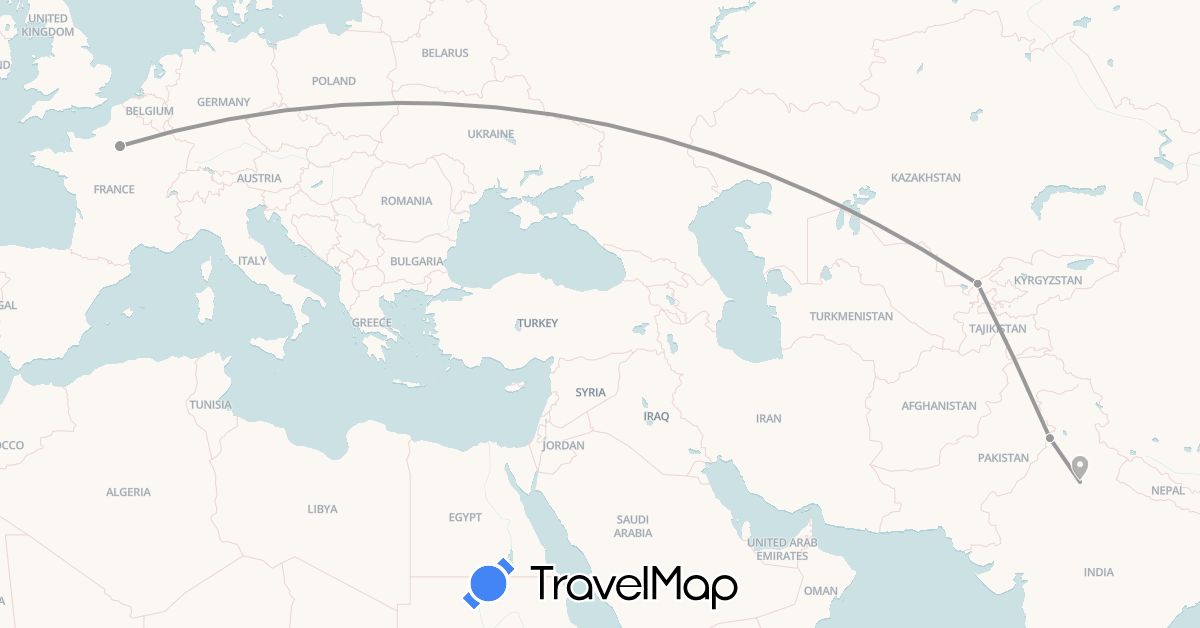 TravelMap itinerary: driving, plane in France, India, Uzbekistan (Asia, Europe)